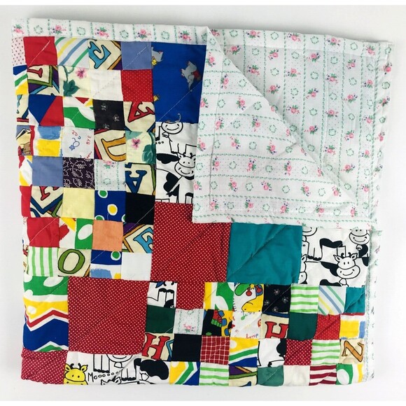 Patchwork Quilt Throw baby Toddler blanket colorful Cow designs  35in x 35in - Picture 2 of 9